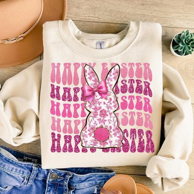 Happy Easter Pink Floral Chinoiserie Easter Coquette Grand Millennial Easter Pink Toile Easter Bunny Bow Easter T-Shirts, Hoodie, Sweatshirt - T-Shirt, Sweatshirt, Hoodie