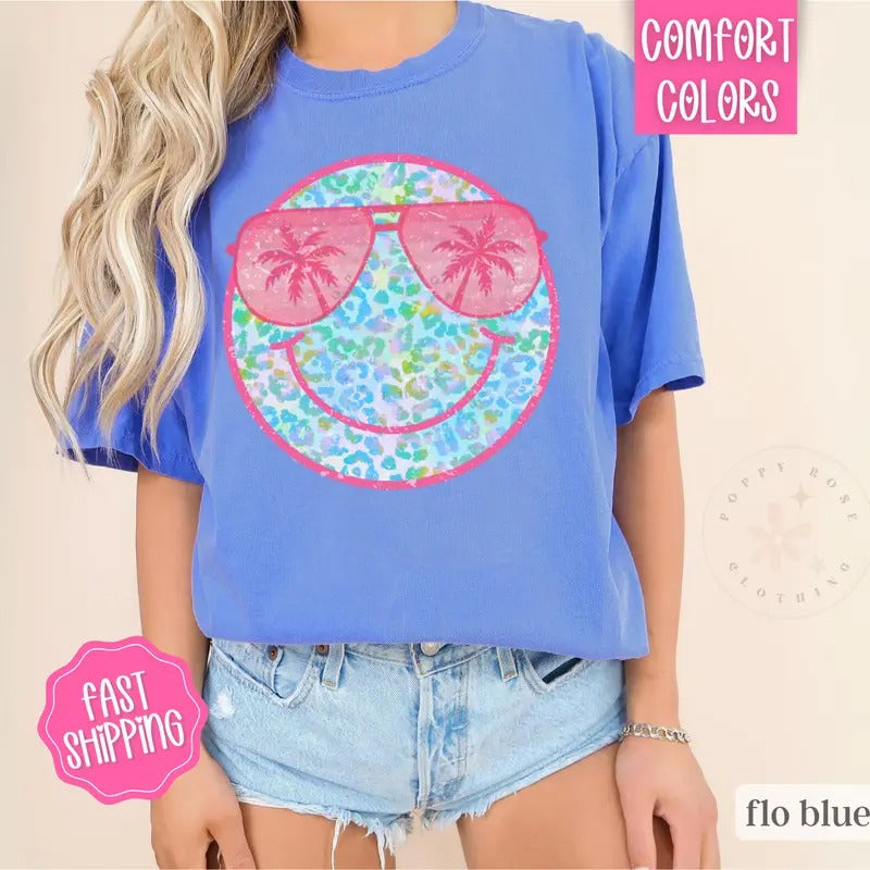 Happy Face Beach Shirt Comfort Colors Cute Summer Shirt Beach T-Shirts, Hoodie, Sweatshirt - T-Shirt, Sweatshirt, Hoodie
