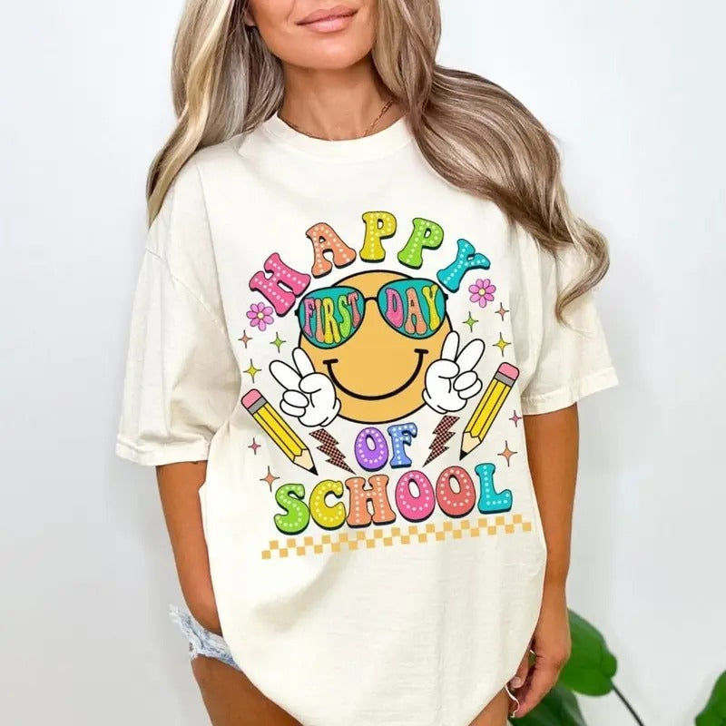 Happy First Day School Shirt Teacher First Day School Shirt Back School Shirt T-Shirts, Hoodie, Sweatshirt - T-Shirt, Sweatshirt, Hoodie