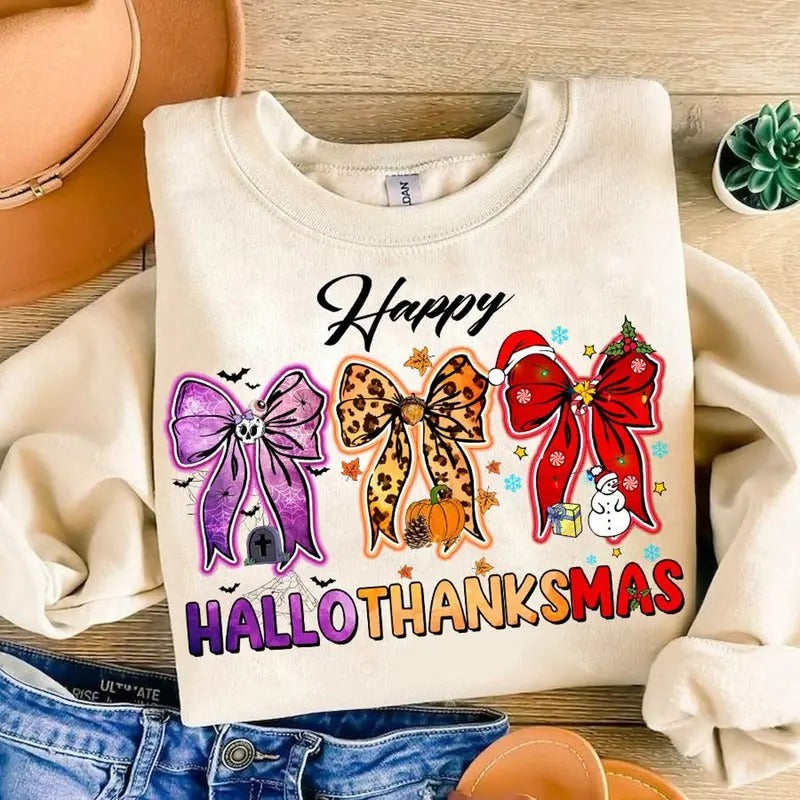 Happy Hallothanksmas Coquette Bow Halloween Thanksgiving Pumpkin Spice Snowmen Pie Hallothanksmas Sublimation Shirt Me T-Shirts, Hoodie, Sweatshirt - T-Shirt, Sweatshirt, Hoodie