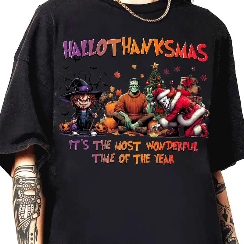 Happy Hallothanksmas Shirt Funny Horror Shirt Fall Pumpkin Shirt Horror Friends Shirt T-Shirts, Hoodie, Sweatshirt - T-Shirt, Sweatshirt, Hoodie