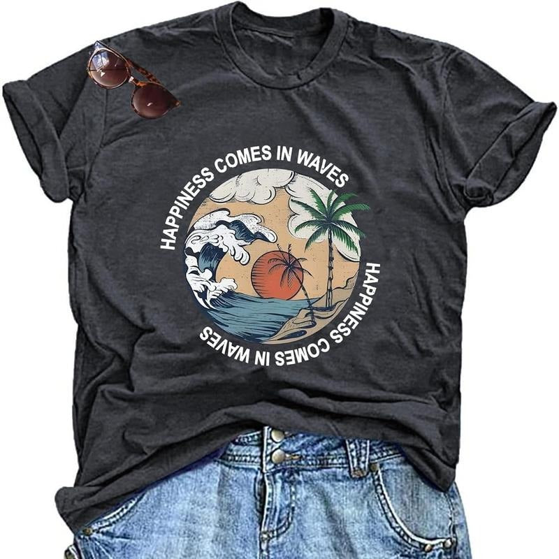 Hawaiian Shirts Beach Tropical Summer Vacation Happiness Waves Short Sleeve Tops T-Shirts, Hoodie, Sweatshirt - T-Shirt, Sweatshirt, Hoodie