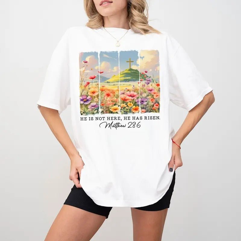 He Has Risen Easter Shirt Matthew 28:6 Christian Faith Based Resurrection Shirt Floral Cross Easter T-Shirts, Hoodie, Sweatshirt - T-Shirt, Sweatshirt, Hoodie