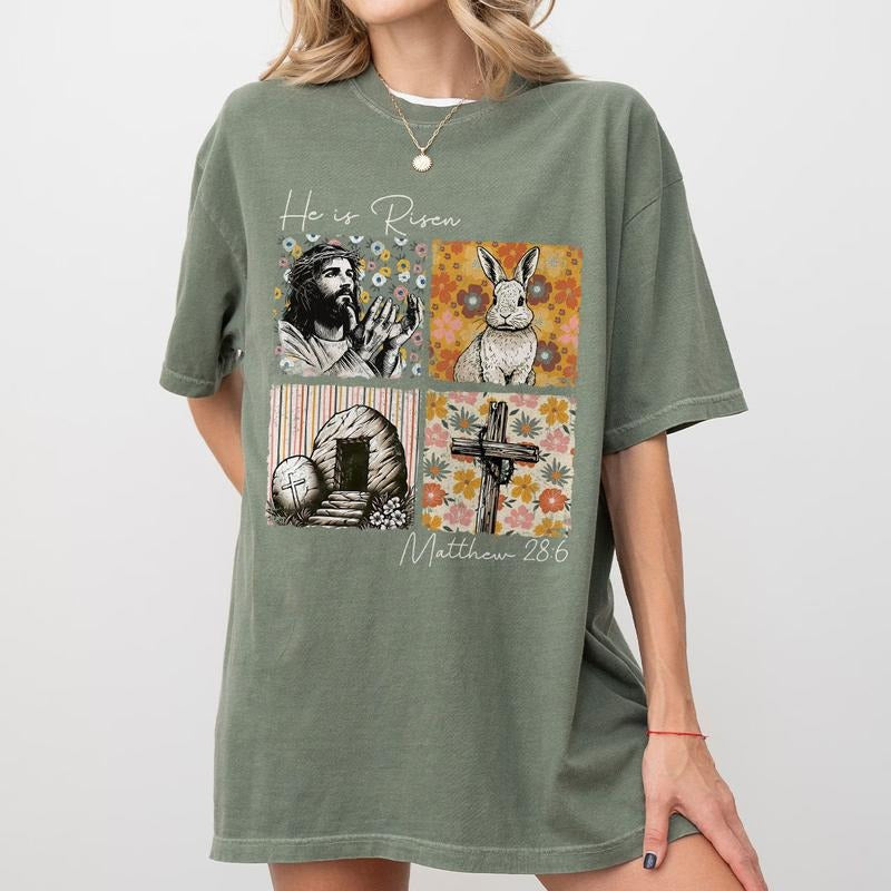 He Is Risen Easter Shirt Matthew 28:6 Christian Faith Based Resurrection Shirt Floral Jesus Cross Tomb Bunny T-Shirts, Hoodie, Sweatshirt - T-Shirt, Sweatshirt, Hoodie