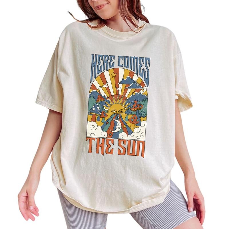 Here Comes Sun Shirt Retro Hippie Boho Sunshine Shirt Summer Day Motivational Comfy Her Tops Womenswear Cotton Fabric Relaxed Chic T-Shirts, Hoodie, Sweatshirt - T-Shirt, Sweatshirt, Hoodie