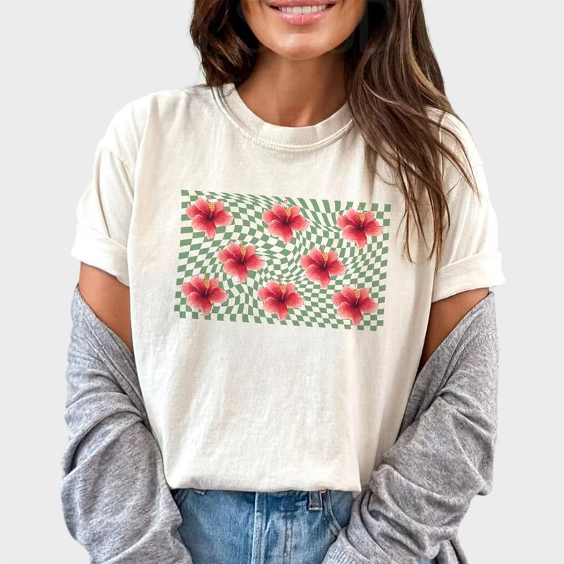 Hibiscus Flower Shirt Aloha Hawaii Checkered Board Beach Summer Unhinged Shirt Comfy Fabric Shirt Tops Womenswear Cotton Fabric Relaxed Fit Chic T-Shirts, Hoodie, Sweatshirt - T-Shirt, Sweatshirt, Hoodie