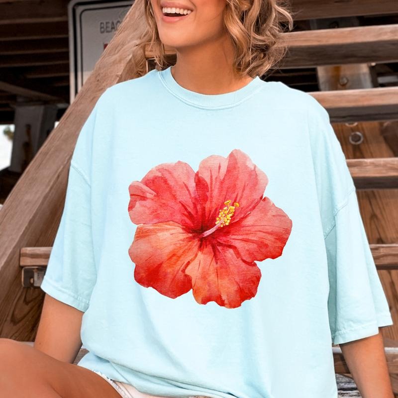 Hibiscus Flower Beach Shirt ~ Relaxed Fit Printed USA Womenswear Casual Comfort Cotton Top Athletic Boho Chic T-Shirts, Hoodie, Sweatshirt - T-Shirt, Sweatshirt, Hoodie