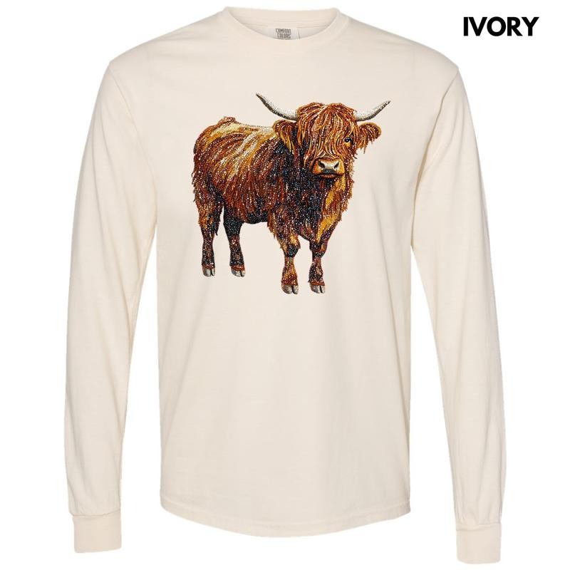 Highland Cow Faux Rhinestone Long Sleeve Comfort Colors T-Shirts, Hoodie, Sweatshirt - T-Shirt, Sweatshirt, Hoodie