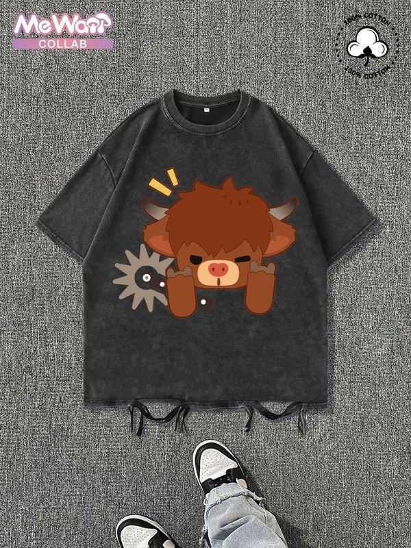 Highland Cow Kyloe 100% Cotton Street Print Washed Round Neck Official Collab Summer Top Daily Cotton T-Shirts, Hoodie, Sweatshirt - T-Shirt, Sweatshirt, Hoodie