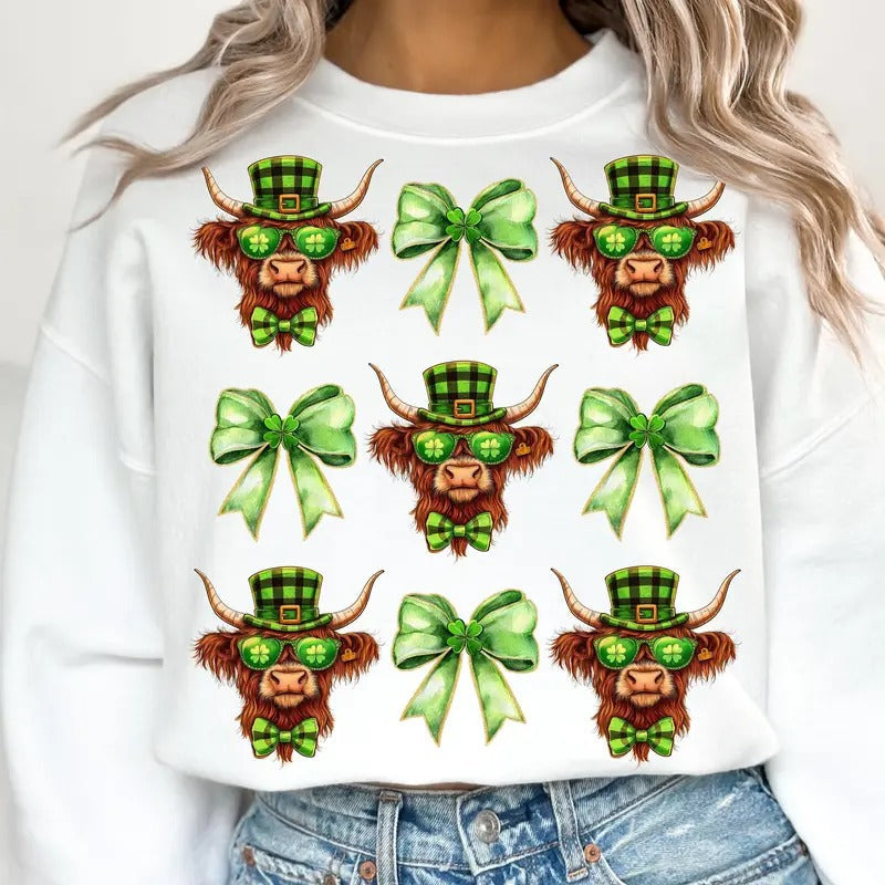Highland Cow St Patricks Coquette Retro St Patricks Shirt Shamrock Shirt Lucky T-Shirts, Hoodie, Sweatshirt - T-Shirt, Sweatshirt, Hoodie