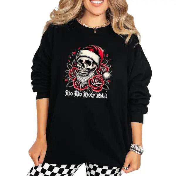 HO HO HOLY SH$T Black Grunge Inspired Goth Streetwear Checkered Pattern Alternative Skeletons & Skulls Dark & Edgy Winter Unique Statement Piece Bold Street Fans T-Shirts, Hoodie, Sweatshirt - T-Shirt, Sweatshirt, Hoodie