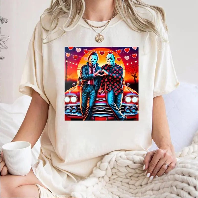 Horror Characters Valentine Shirt Pink Heart Valentine Horror Scary Movie Valentine Shirt Love XOXO Heart T-Shirts, Hoodie, Sweatshirt - T-Shirt, Sweatshirt, Hoodie