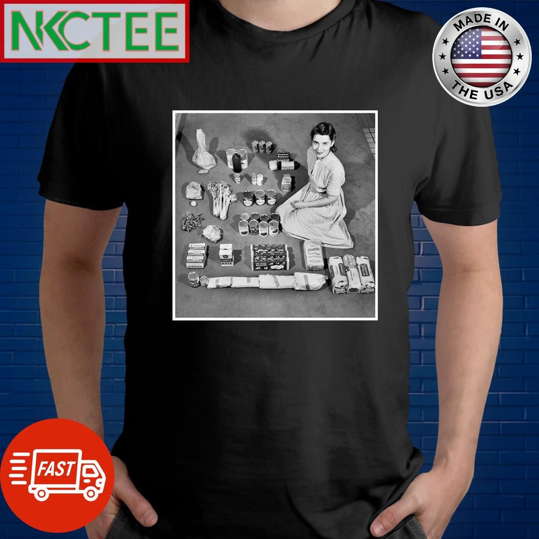 Housewife poses with a weeks worth of groceries in 1947 shirt Unisex T-shirt, Sweatshirt, Hoodie, Long Sleeve Tee - T-Shirt, Sweatshirt, Hoodie
