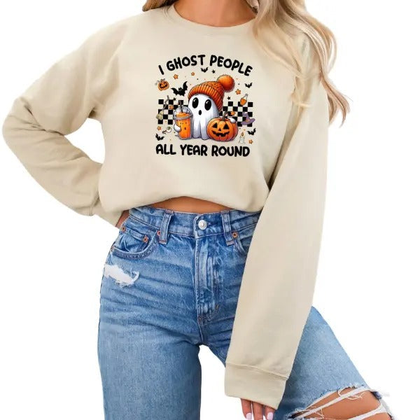 I Ghost People Year Round" Long Sleeve Sizing Small 5X Retro Inspired Halloween Cute Ghost Checkered Background Fun Vintage Inspired Spooky Season Beyond T-Shirts, Hoodie, Sweatshirt - T-Shirt, Sweatshirt, Hoodie