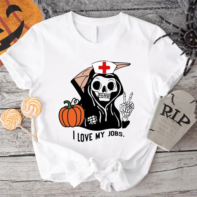 I Love My Jobs Nurse Halloween Party Shirt Matching Spooky Season Nursing School Nurse Funny Skeleton T-Shirts, Hoodie, Sweatshirt - T-Shirt, Sweatshirt, Hoodie