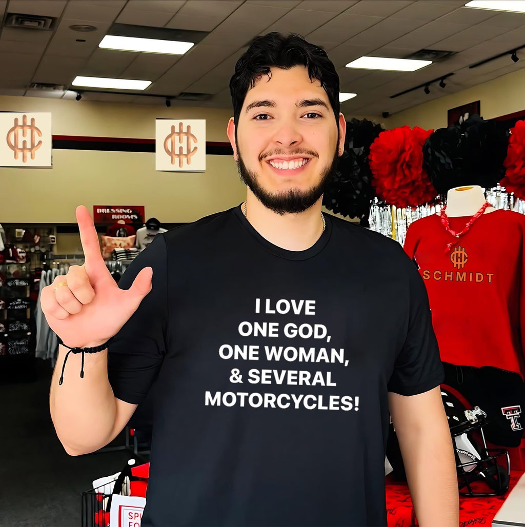 I Love One God One Woman and Several Motorcycles shirt Unisex T-shirt, Sweatshirt, Hoodie, Long Sleeve Tee - T-Shirt, Sweatshirt, Hoodie