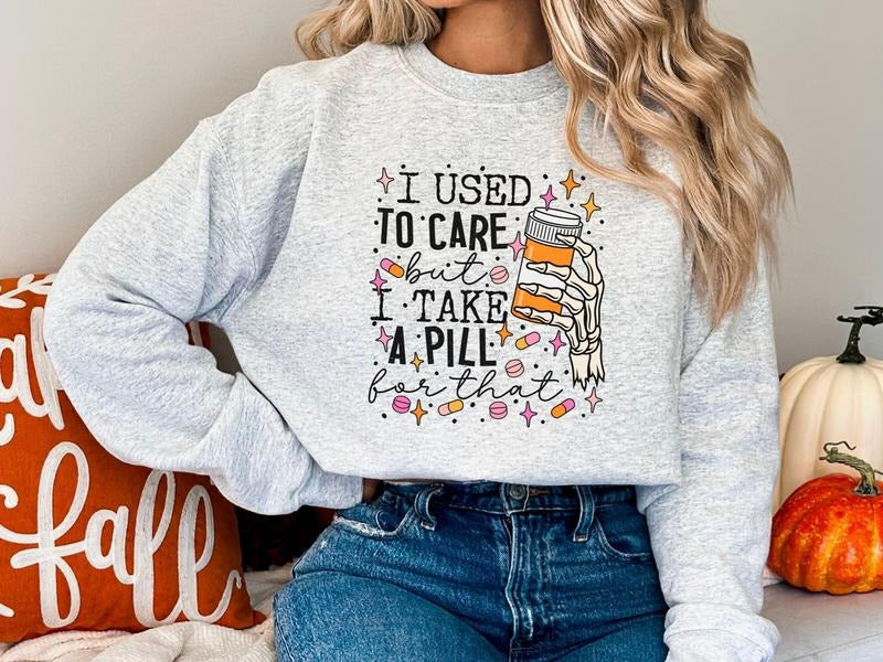I Used Care But I Take Pill That Boho Skeleton Mental Health Awareness Fun & Fall Pumpkin Latte T-Shirts, Hoodie, Sweatshirt - T-Shirt, Sweatshirt, Hoodie