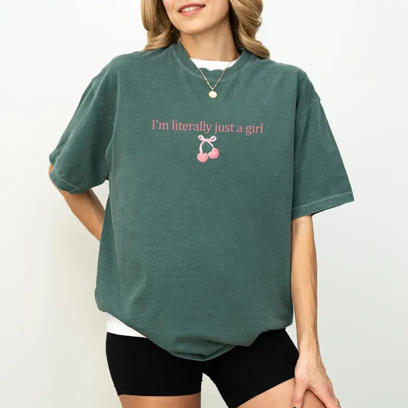 I'M Literally Just Girl Shirt Comfort Colors Girly Coquette Bow Cherry Cute Pink Coquette Bow Shirt I'M Just Girl Cherry Lover Shirt Casual Tops Womenswear Cotton Fabric Fit Chic T-Shirts, Hoodie, Sweatshirt - T-Shirt, Sweatshirt, Hoodie