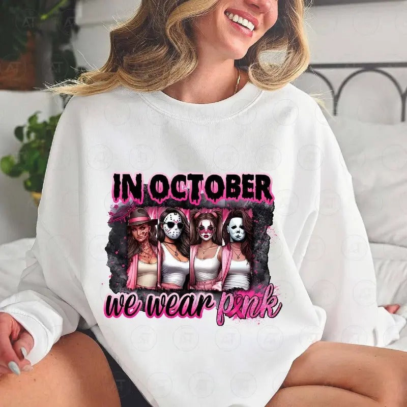 October We Pink Breast Cancer Awareness Shirt Pink Movies Halloween Characters Breast Cancer Month Halloween Funny Halloween Characters T-Shirts, Hoodie, Sweatshirt - T-Shirt, Sweatshirt, Hoodie