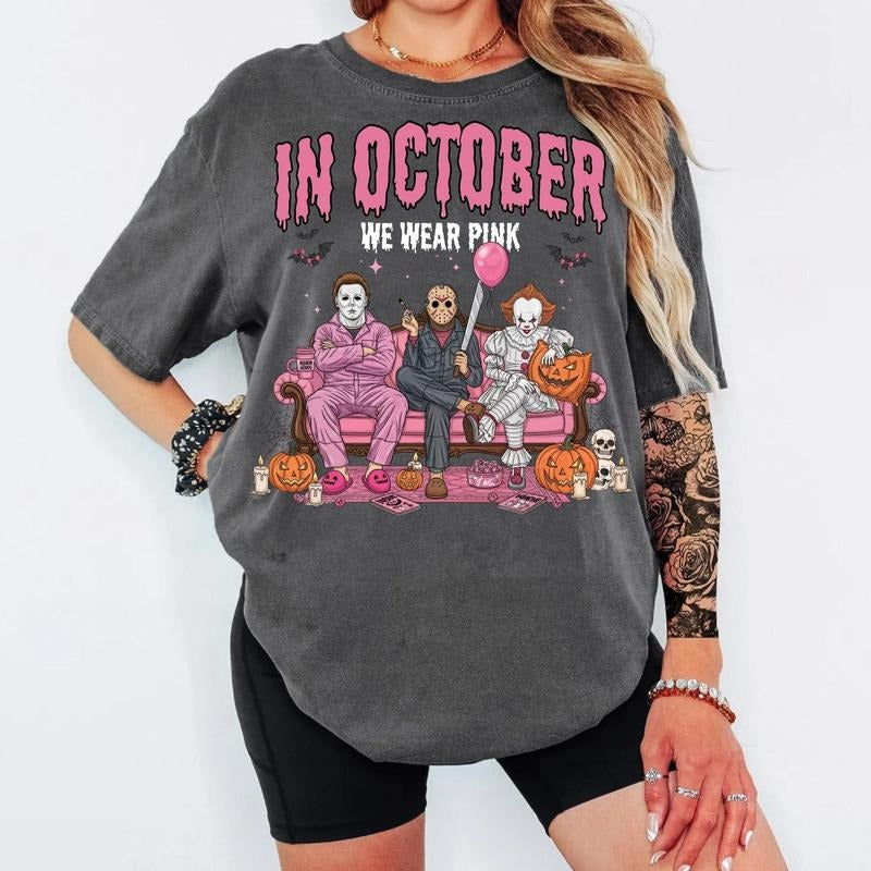 October We Pink Halloween Shirt Funny Horror Movie Characters Spooky Season T-Shirts, Hoodie, Sweatshirt - T-Shirt, Sweatshirt, Hoodie