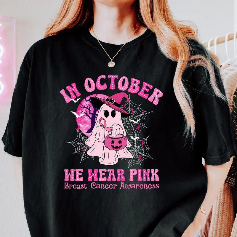 October We Pink Shirt Breast Cancer Awareness Shirt Retro Breast Cancer Shirt Halloween Pink Ghost Shirt Cute Ghost Shirt T-Shirts, Hoodie, Sweatshirt - T-Shirt, Sweatshirt, Hoodie