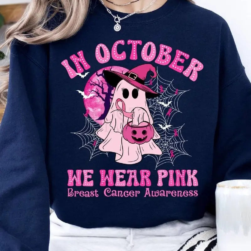October We Pink Shirt Breast Cancer Awareness Shirt Pink Ghost Pumpkin Shirt Breast Cancer Month Halloween Best Couples T-Shirts, Hoodie, Sweatshirt - T-Shirt, Sweatshirt, Hoodie
