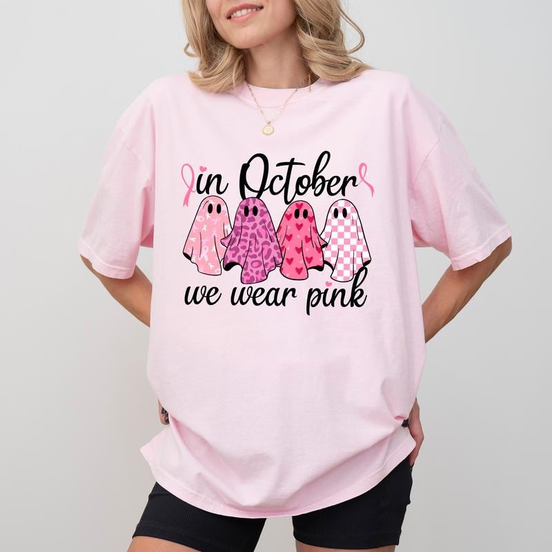October We Pink Shirt Cancer Survivor Cute Ghost Printed Motivational Breast Cancer Awareness Breast Cancer Halloween Casual Short Sleeve Shirt Cotton Fabric Relaxed Fit T-Shirts, Hoodie, Sweatshirt - T-Shirt, Sweatshirt, Hoodie
