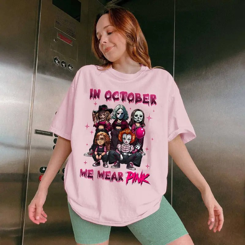 October We Pink Shirt Halloween Breast Cancer Spooky Pink October Pink Halloween Character Movies Cotton Top T-Shirts, Hoodie, Sweatshirt - T-Shirt, Sweatshirt, Hoodie