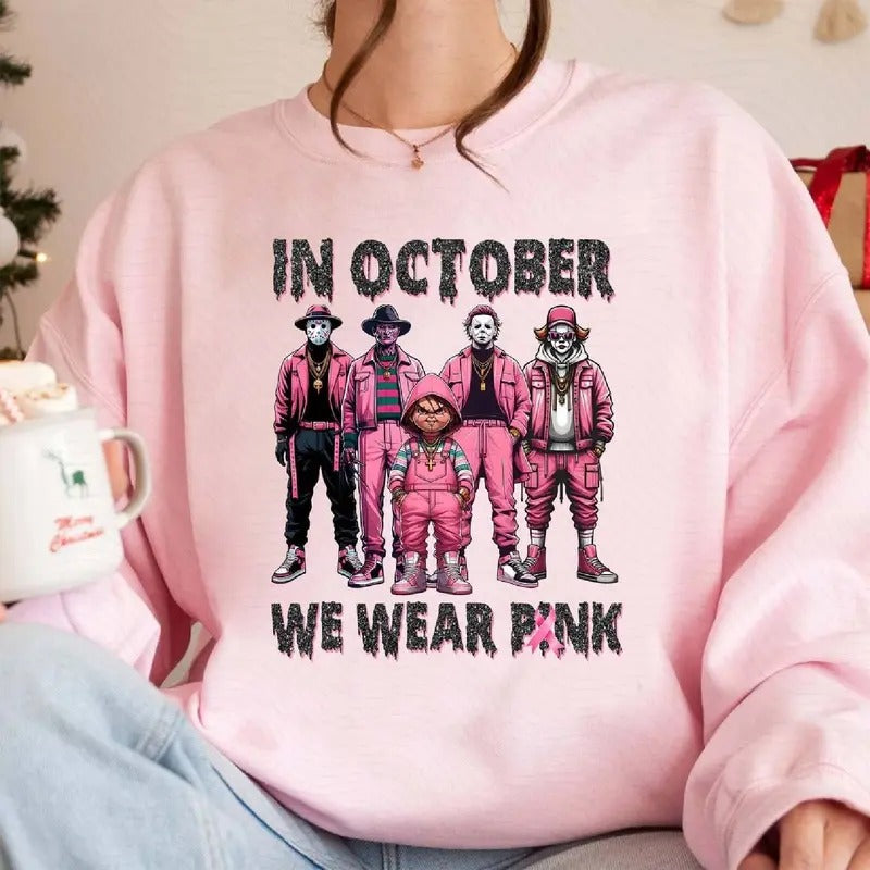 October We Pink Shirt Michael Myers Pennywise Halloween Characters Breast Cancer Awareness Breast Cancer Month Halloween Shirt Funny Halloween Characters Shirt T-Shirts, Hoodie, Sweatshirt - T-Shirt, Sweatshirt, Hoodie
