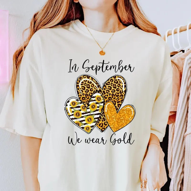 September We Gold Childhood Cancer Awareness Hearts Shirt Childhood Cancer Awareness Shirt Childhood Cancer Sunflower Shirt T-Shirts, Hoodie, Sweatshirt - T-Shirt, Sweatshirt, Hoodie