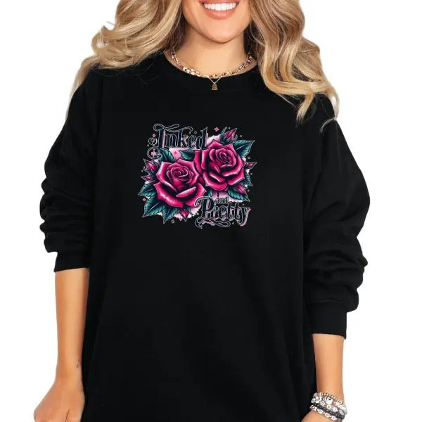 'Inked & Pretty' Goth Roses Grunge Retro Casual Comfort Skulls T-Shirts, Hoodie, Sweatshirt - T-Shirt, Sweatshirt, Hoodie
