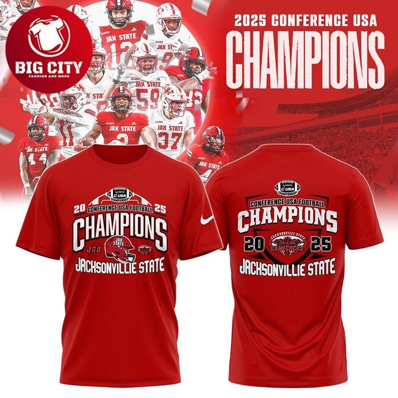 Jacksonville State Gamecocks 2025 Conference USA Champions 2025 Football Two Sided Shirt Unisex T-shirt, Sweatshirt, Hoodie, Long Sleeve Tee - T-Shirt, Sweatshirt, Hoodie