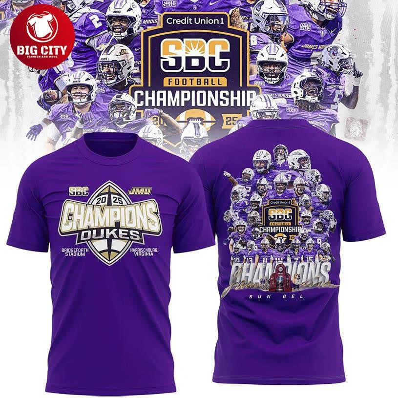 James Madison Dukes 2025 Sun Belt Champions Two Sided Shirt Unisex T-shirt, Sweatshirt, Hoodie, Long Sleeve Tee - T-Shirt, Sweatshirt, Hoodie