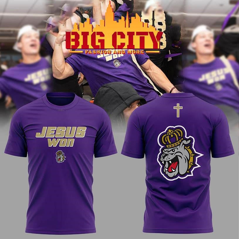 James Madison Dukes Football Jesus Won 2025 Two Sided Shirt Unisex T-shirt, Sweatshirt, Hoodie, Long Sleeve Tee - T-Shirt, Sweatshirt, Hoodie