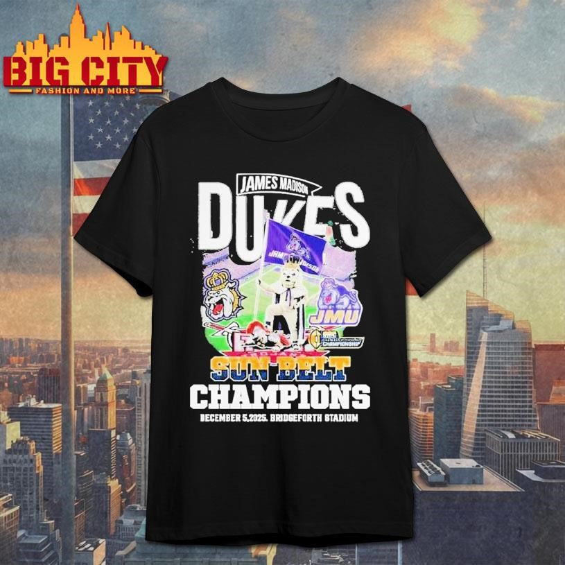 James Madison Dukes Stomp Troy Trojans Sun Belt Champions 2025 Bridgeforth Stadium Mascot Shirt - T-Shirt, Sweatshirt, Hoodie