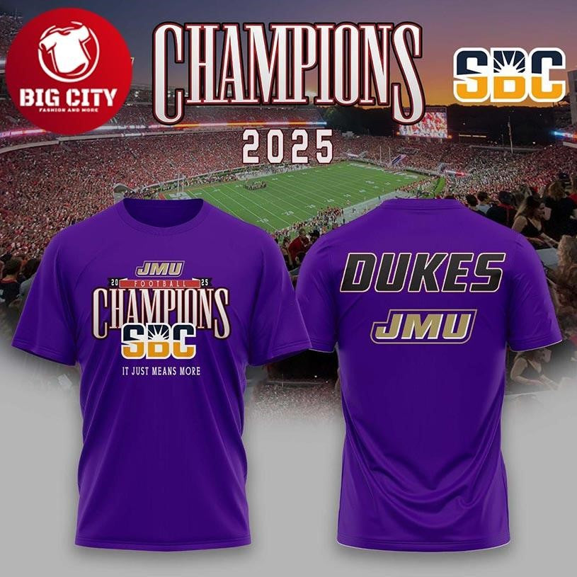 James Madison Dukes Sun Belt Champions 2025 Celebrating Two Sided Shirt Unisex T-shirt, Sweatshirt, Hoodie, Long Sleeve Tee - T-Shirt, Sweatshirt, Hoodie