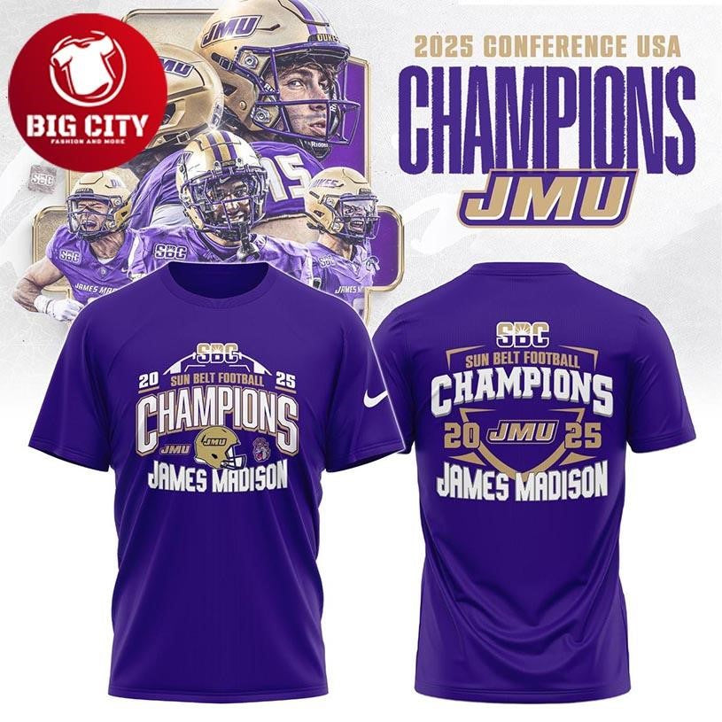 James Madison Dukes Sun Belt Champions 2025 Football Two Sided Shirt Unisex T-shirt, Sweatshirt, Hoodie, Long Sleeve Tee - T-Shirt, Sweatshirt, Hoodie