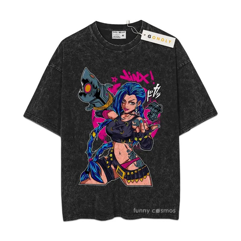 Jinx Arcane Mineral Wash Japanese Anime Cartoon Jinx Black Mineral Wash 043 Printed Cotton Mineral Wash T-Shirts, Hoodie, Sweatshirt - T-Shirt, Sweatshirt, Hoodie