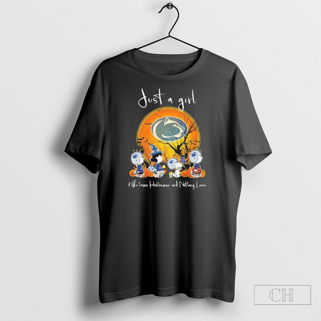 Just A Woman Who Loves Halloween And Penn State Nittany Lions X The Peanuts Walking Unisex T-shirt, Sweatshirt, Hoodie, Long Sleeve Tee - T-Shirt, Sweatshirt, Hoodie