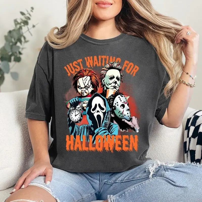 Just Waiting Halloween Retro Horror Characters Halloween Halloween Spooky Season Shirt Halloween Shirt T-Shirts, Hoodie, Sweatshirt - T-Shirt, Sweatshirt, Hoodie
