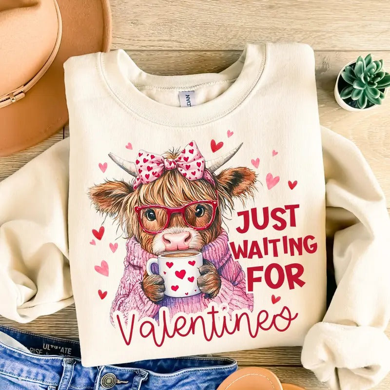 Just Waiting Valentine Highland Cow Retro Girly Valentine Funny Valentines Shirt Her T-Shirts, Hoodie, Sweatshirt - T-Shirt, Sweatshirt, Hoodie