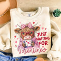 Just Waiting Valentine Highland Cow Retro Girly Valentine Funny Valentines Shirt Her T-Shirts, Hoodie, Sweatshirt - T-Shirt, Sweatshirt, Hoodie