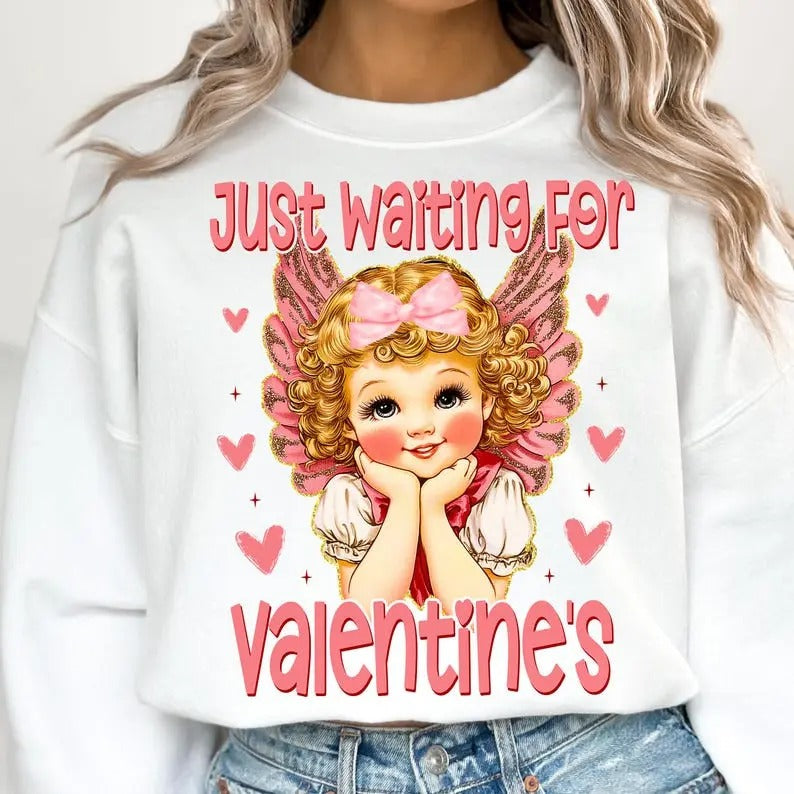 Just Waiting Valentines Retro Valentine Cupid Valentine Heart Love T-Shirts, Hoodie, Sweatshirt - T-Shirt, Sweatshirt, Hoodie