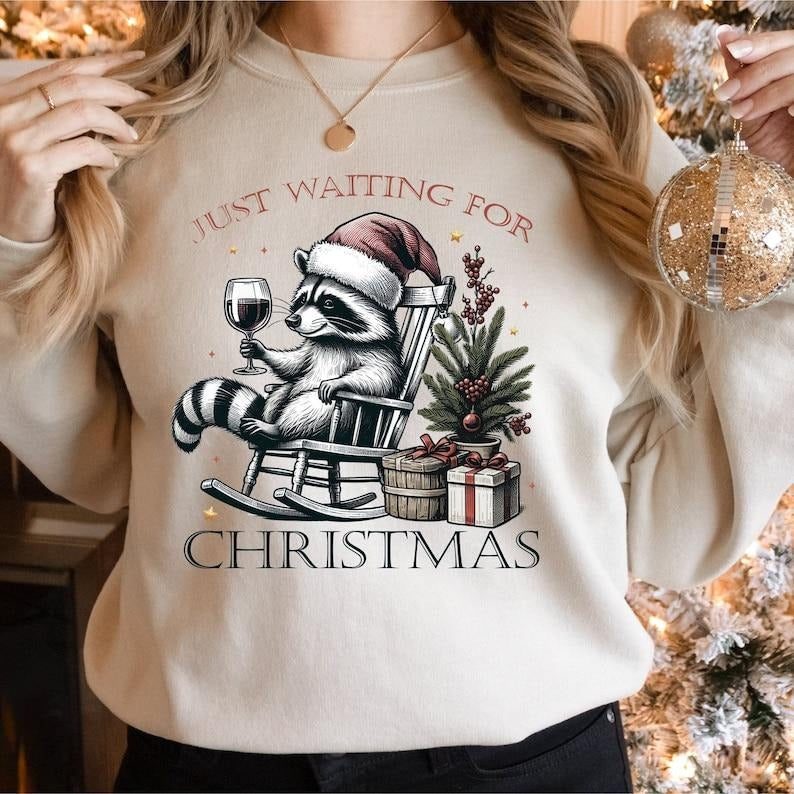 Just Waiting Raccoon Feral Girl Funny Raccoon Xmas Shirt T-Shirts, Hoodie, Sweatshirt - T-Shirt, Sweatshirt, Hoodie