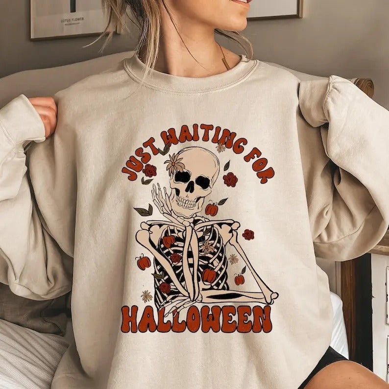 Just Waiting Halloween Cute Spooky Summer Halloween Halloween Skeleton Shirt Halloween T-Shirts, Hoodie, Sweatshirt - T-Shirt, Sweatshirt, Hoodie