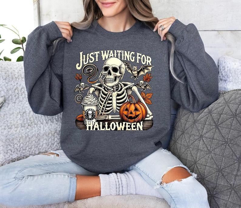 Just Waiting Halloween Skeleton Coffee Skeleton Halloween Shirt Spooky Skull Skeleton Bats T-Shirts, Hoodie, Sweatshirt - T-Shirt, Sweatshirt, Hoodie