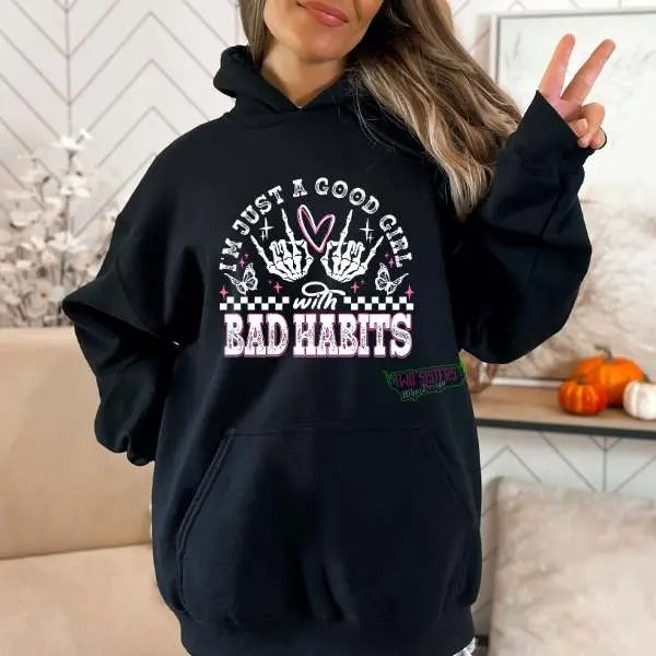 Just Good Girl Bad Habits & Grunge Goth Alt Winter Skull Streetwear Casual Cotton Sleeve T-Shirts, Hoodie, Sweatshirt - T-Shirt, Sweatshirt, Hoodie