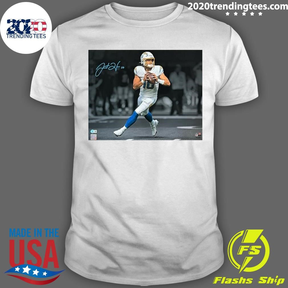 Justin Herbert Los Angeles Chargers Autographed Unleashed Spotlight Signature Shirt Unisex T-shirt, Sweatshirt, Hoodie, Long Sleeve Tee - T-Shirt, Sweatshirt, Hoodie