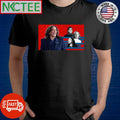 Kamala Harris a woman in a blue suit is smiling in front of a red white and blue background shirt - T-Shirt, Sweatshirt, Hoodie