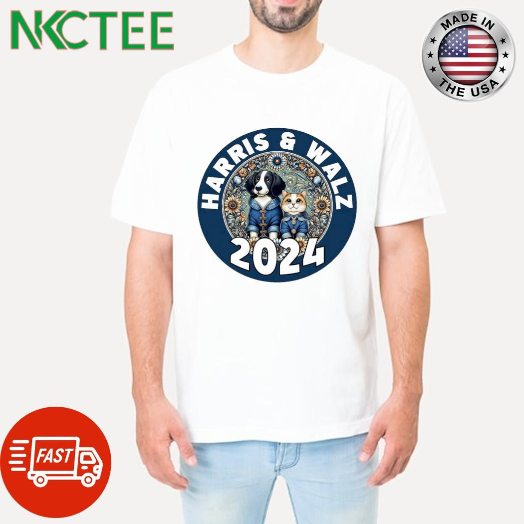 Kamala Harris and Tim Walz 2024 dog and cat flower circle shirt Unisex T-shirt, Sweatshirt, Hoodie, Long Sleeve Tee - T-Shirt, Sweatshirt, Hoodie